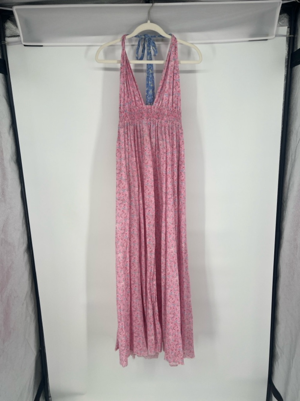LoveShackFancy Pink Blue Floral Tie Back Flowy Boho Adjustable Halter Maxi Dress